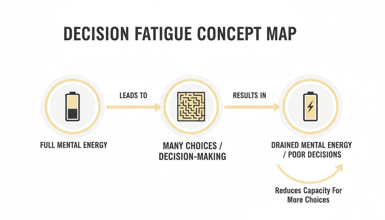 Concept map illustrating decision fatigue, showing how many choices lead to drained mental energy and poor decisions.