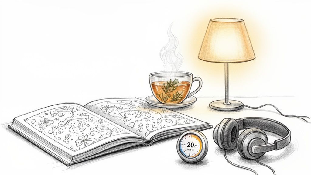 A cozy desk scene with a book, steaming herbal tea, a warm lamp, headphones, and a timer.