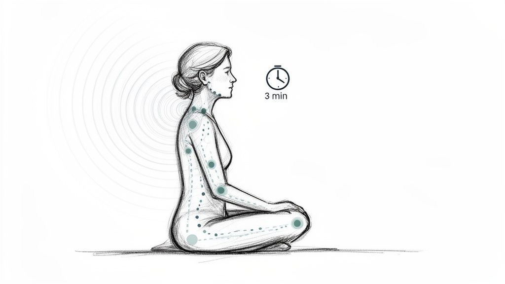 Sketch of a woman meditating, showing pressure points on her body and a 3-minute timer.