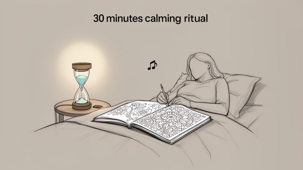 An illustration of a woman in bed coloring, practicing a 30-minute calming ritual with an hourglass and music.