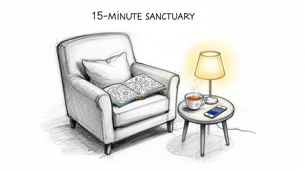 A cozy armchair with a coloring book, a side table with a lamp, cup, and phone, creating a 15-minute sanctuary.