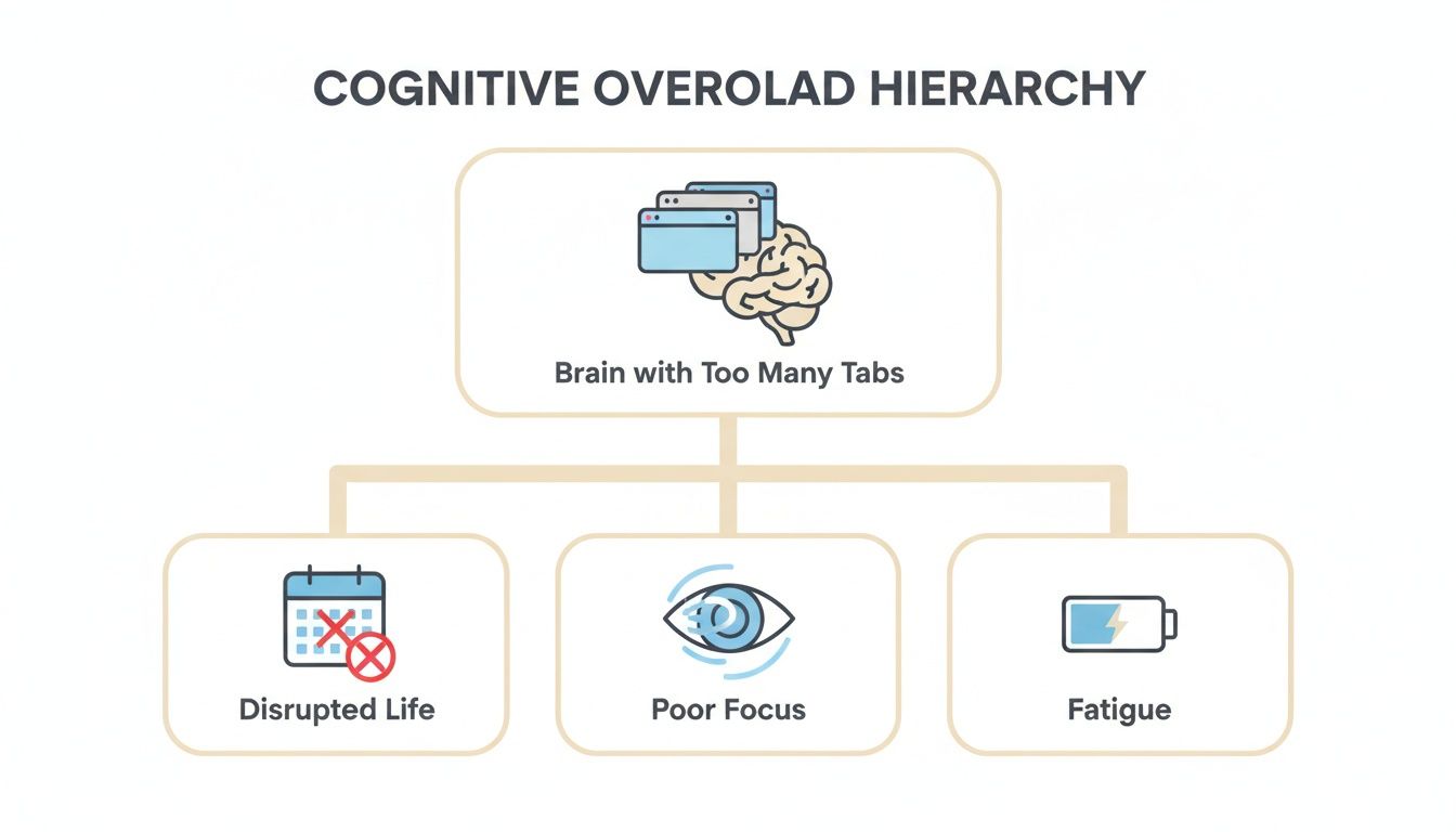 A cognitive overload hierarchy diagram showing a brain with too many tabs leading to disrupted life, poor focus, and fatigue.