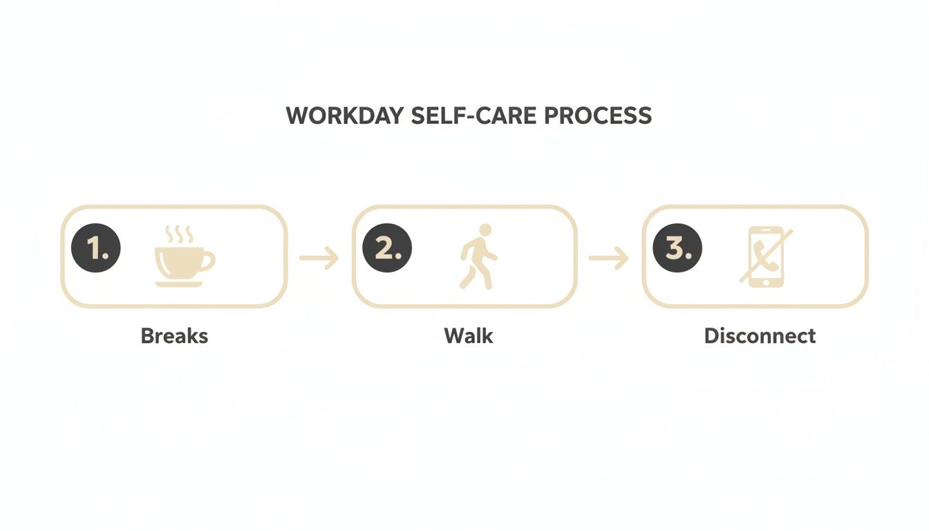 Infographic illustrating a three-step workday self-care process with icons: breaks, walk, and disconnect.