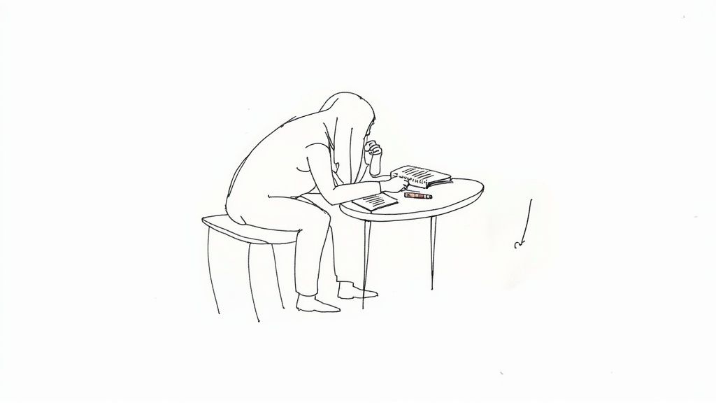 Line drawing of a person sitting at a table, focused on books and a pen, engaged in study.