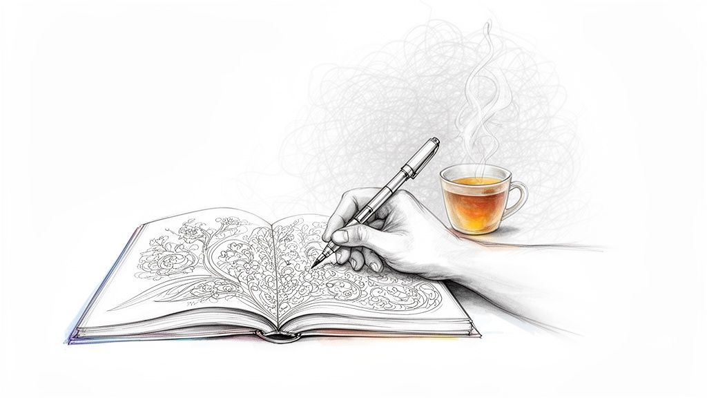 A hand meticulously colors an intricate floral design in an open adult coloring book, with a steaming cup of tea beside it.