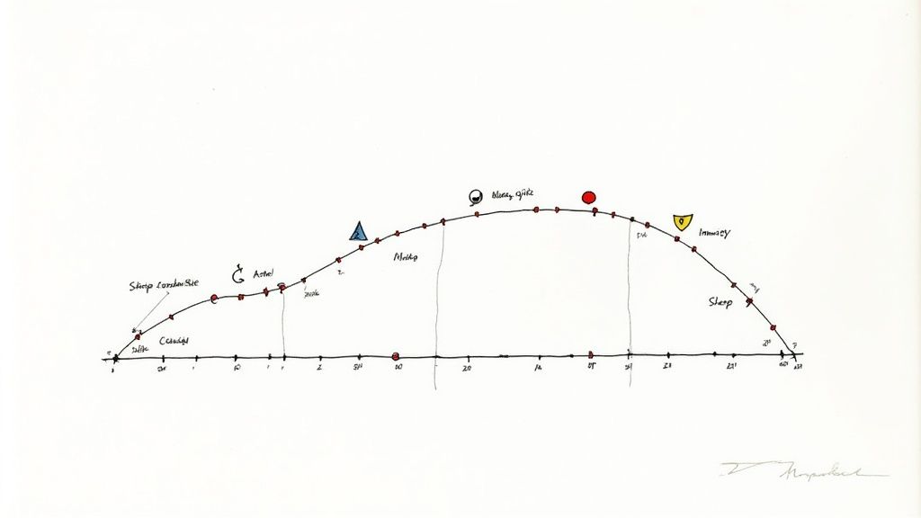 Hand-drawn diagram depicting a labeled arc with symbols and text related to a sleep and daily cycle.