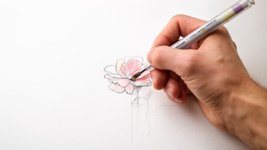 Close-up of a hand using a brush pen to watercolor a delicate pink flower sketch on white paper.