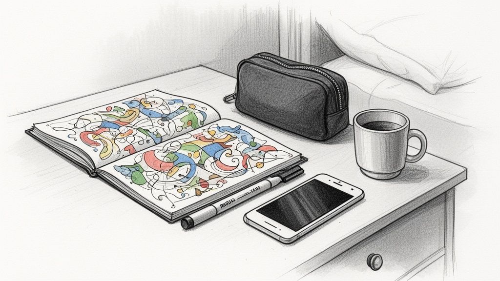 An open sketchbook with colorful abstract art, a pen, phone, coffee mug, and pencil case on a table.