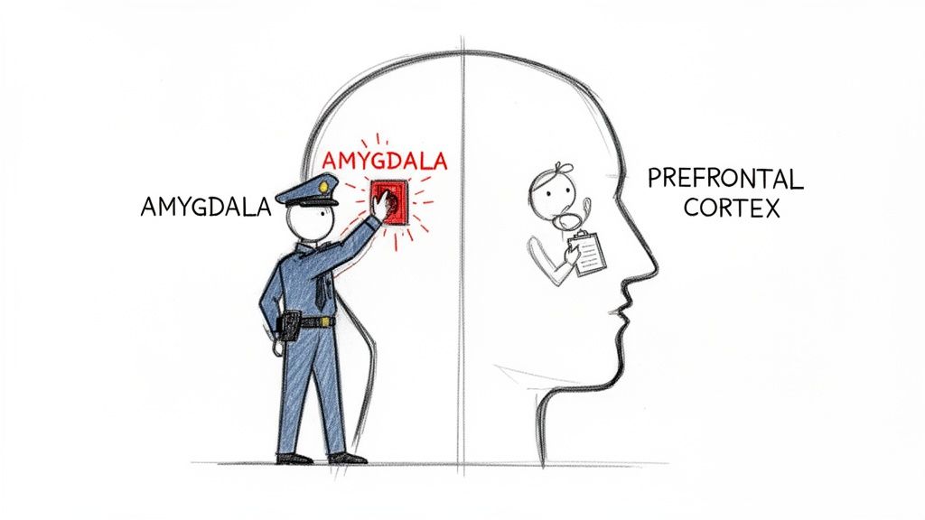 Cartoon illustrating amygdala (police) activating an alarm and prefrontal cortex (researcher) observing within a head.