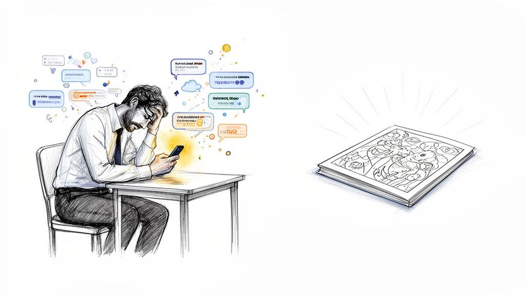Illustration of a man overwhelmed by phone messages, contrasting with a glowing coloring book for relaxation.
