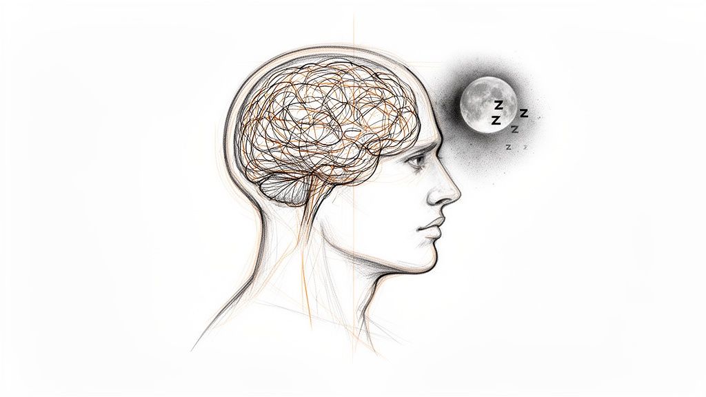A profile drawing of a head with a tangled brain, a moon, and Zzz symbols, representing winding down for sleep.