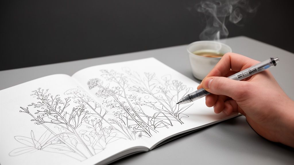 A person's hand holds a pen, meticulously coloring a botanical drawing in an open book, with a steaming cup nearby.