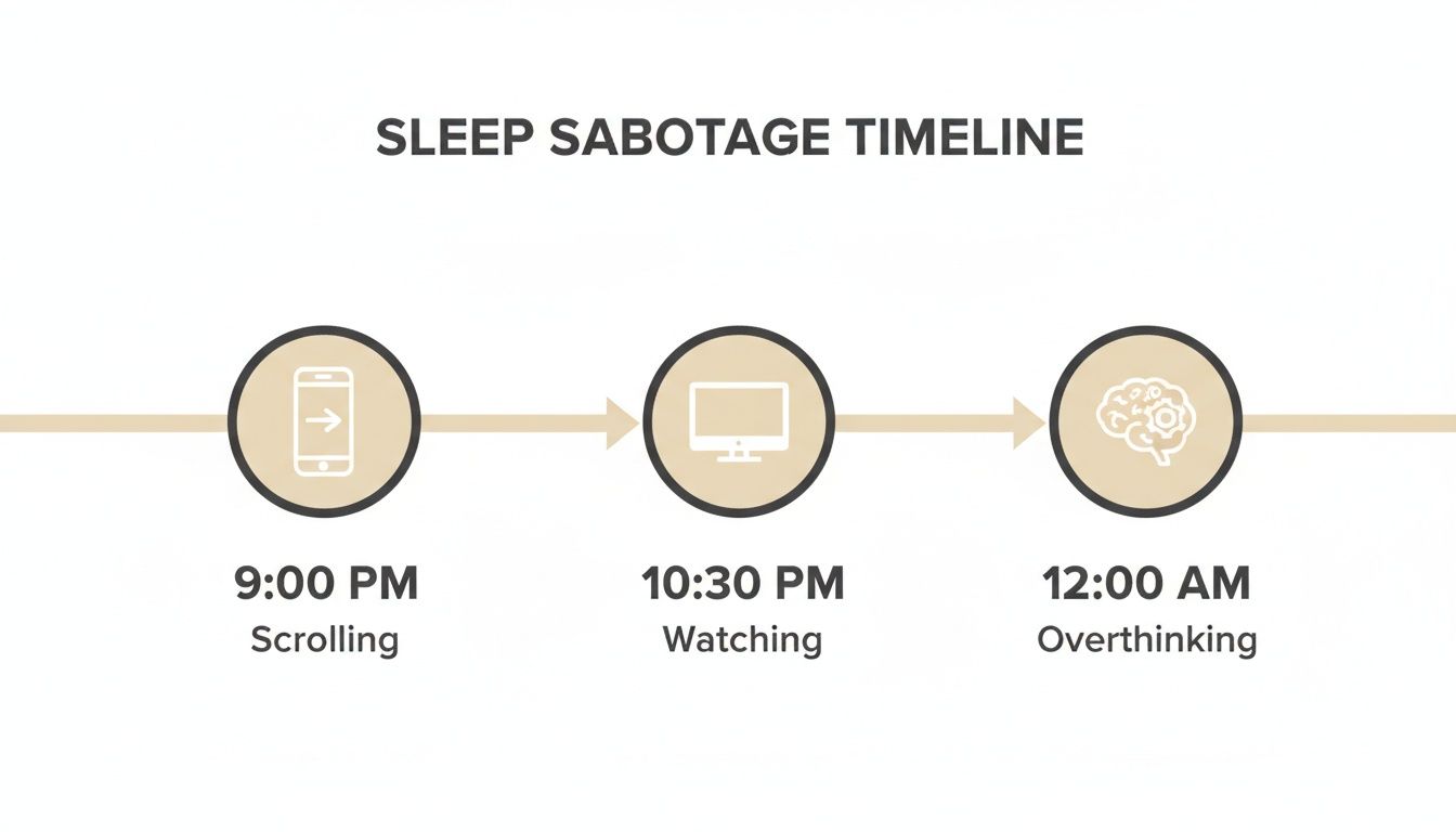 A sleep sabotage timeline showing 9 PM scrolling, 10:30 PM watching TV, and 12 AM overthinking.