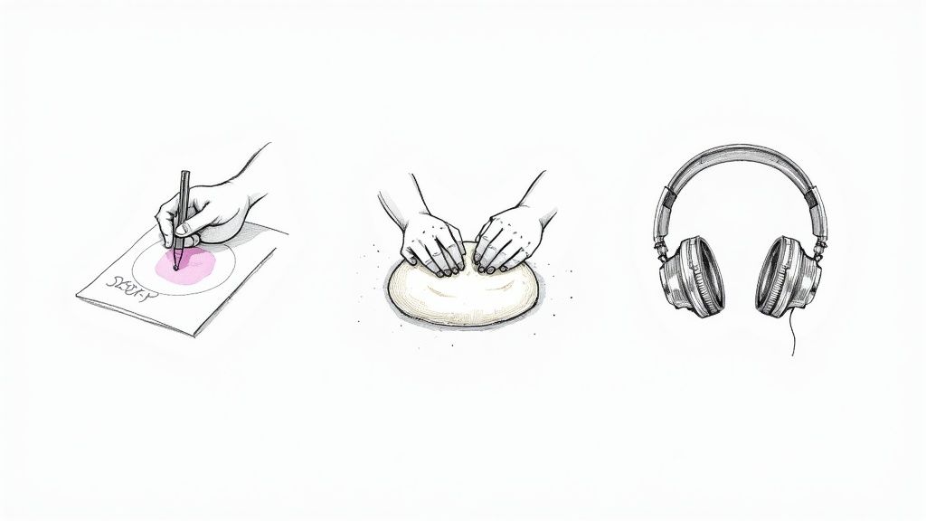 Three line art illustrations showing a hand drawing, hands kneading dough, and headphones.