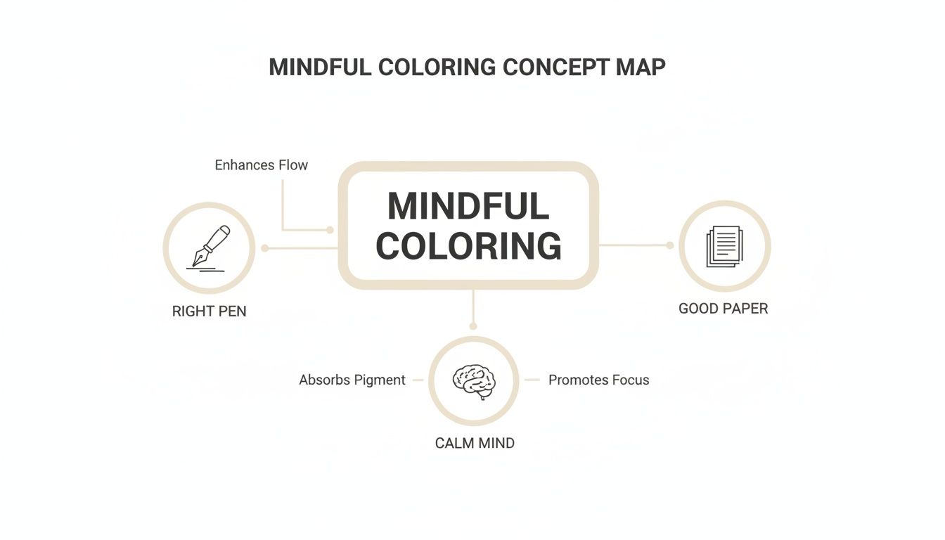 A concept map illustrating mindful coloring, its benefits, and essential elements like the right pen and good paper.