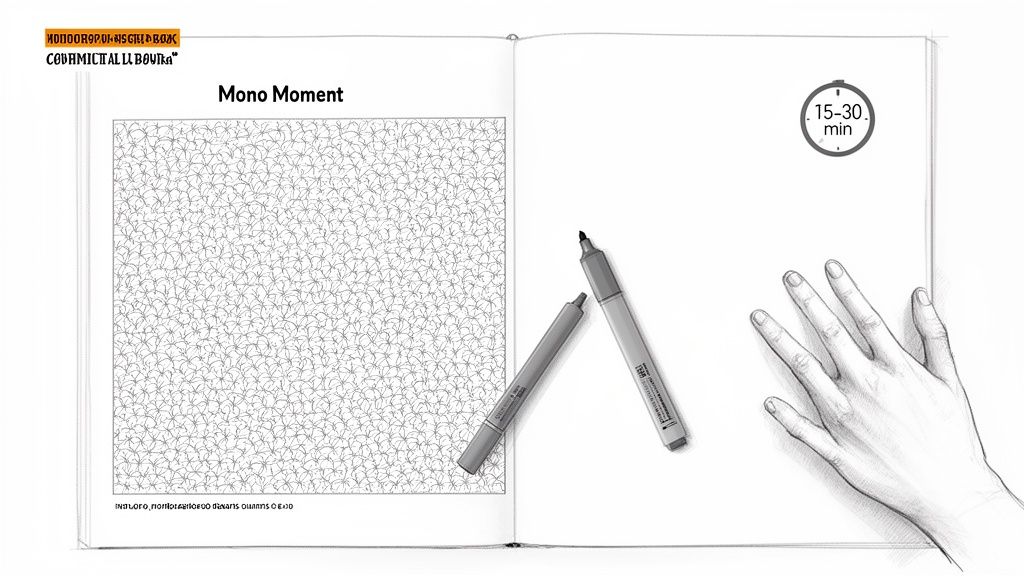 Open book showing a detailed monochrome pattern and a blank page with markers, a hand, and a timer.