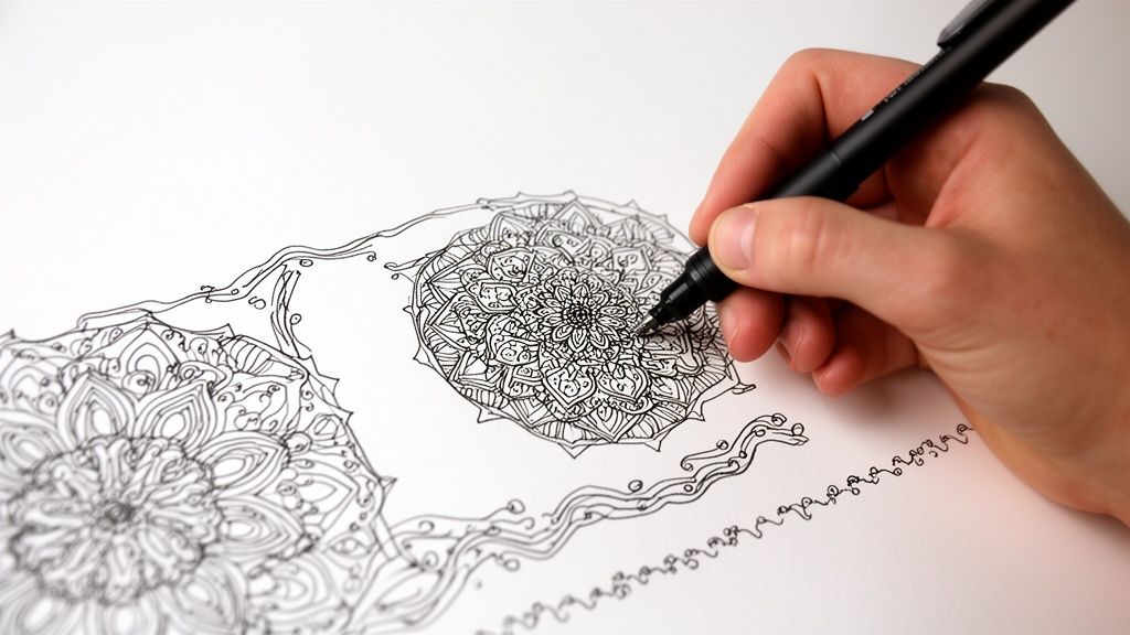 A person's hand meticulously draws intricate mandala patterns on white paper with a fine-tip pen.