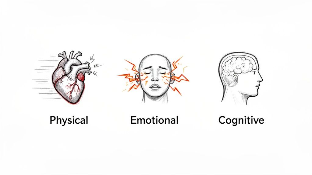 Illustrations depicting physical (heart), emotional (stressed face), and cognitive (brain) human dimensions.