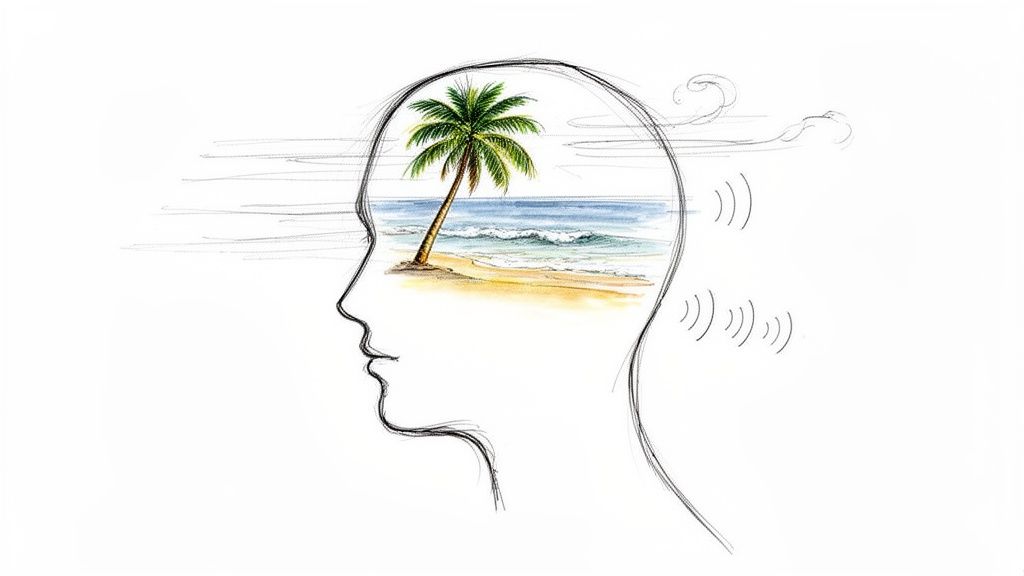 A profile silhouette of a head containing a serene beach scene with a palm tree, ocean waves, and sand.