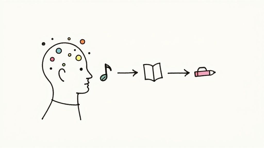 Illustration of a mind full of colorful ideas leading to music, writing, and creative output.