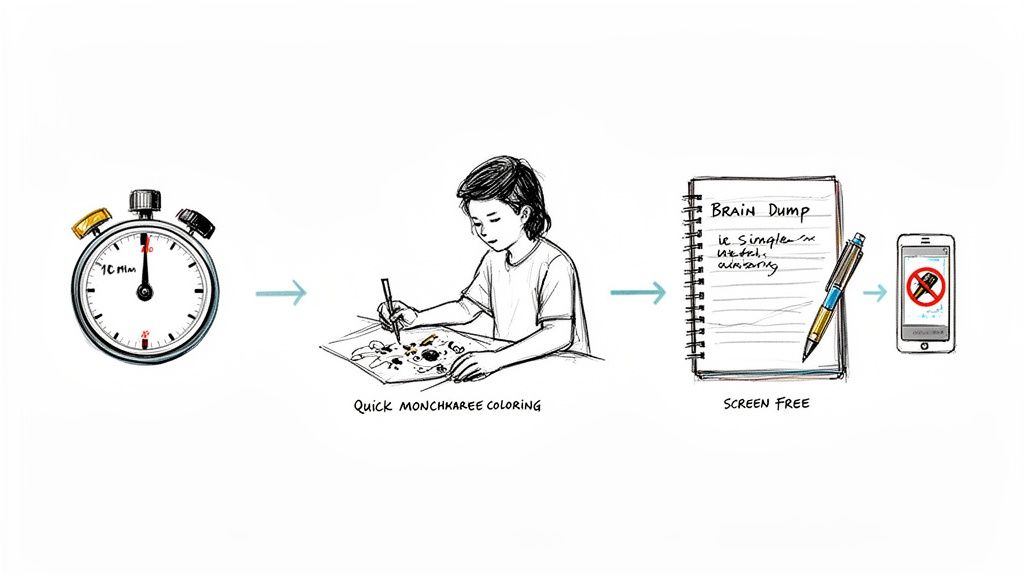 A visual routine: 10 minutes of quick coloring, followed by a 'brain dump' in a notebook, leading to a screen-free period.