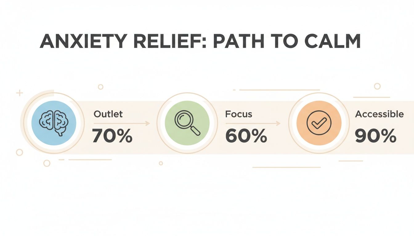 Infographic showing three steps for anxiety relief: Outlet 70%, Focus 60%, and Accessible 90%.