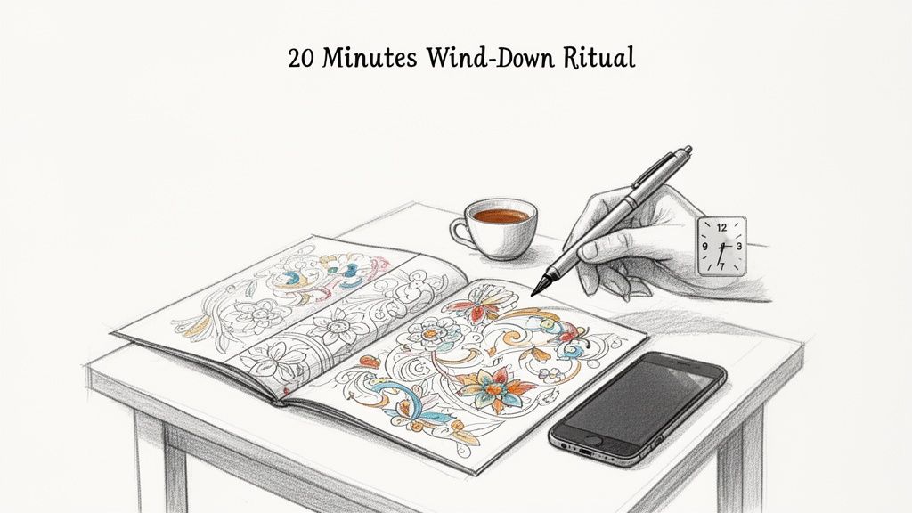 Hand coloring an adult book with intricate patterns, tea, and a phone, for a wind-down ritual.