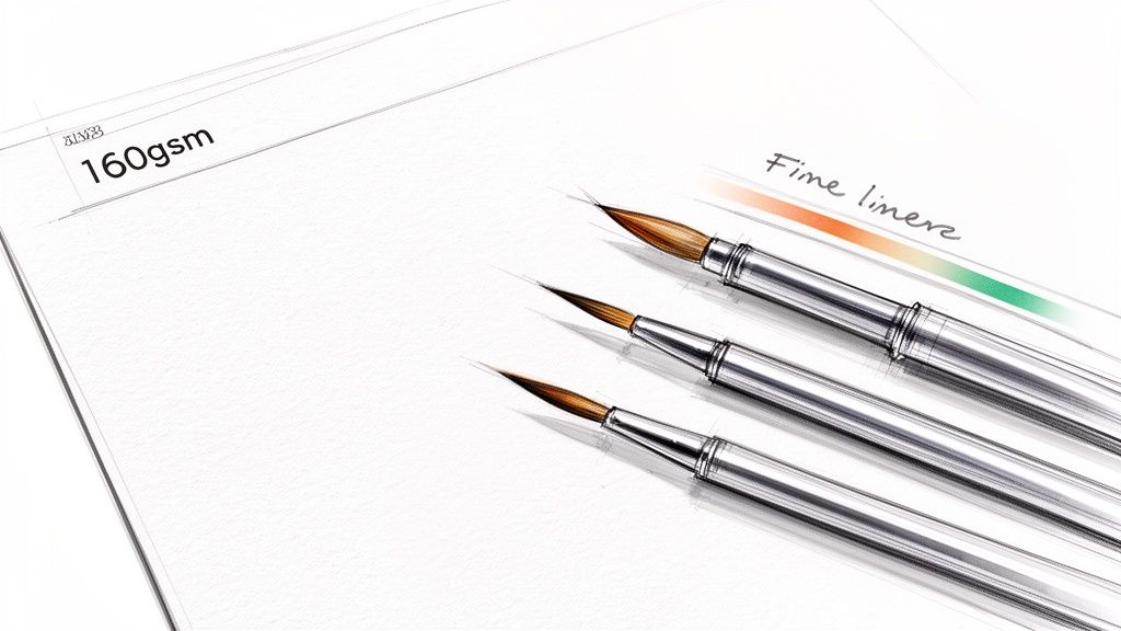 Three watercolor brushes and white paper with '160gsm' and 'Fine liners' text, showing art supplies.