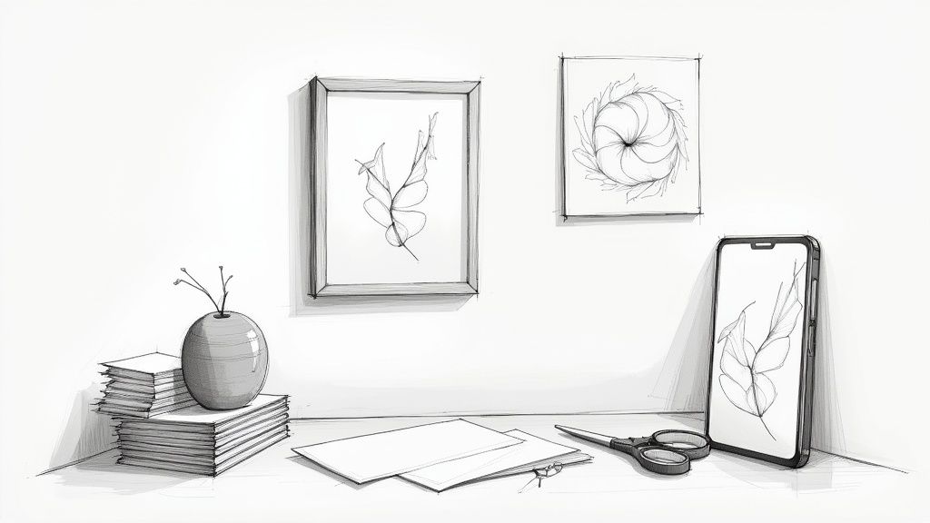 A monochrome sketch of a desk with framed botanical art, books, a vase, scissors, and a phone.