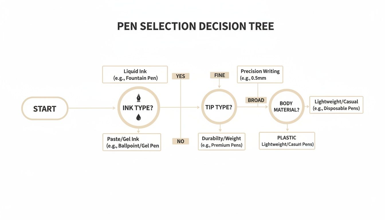 A pen selection decision tree flowchart showing choices for ink type, tip type, and body material.