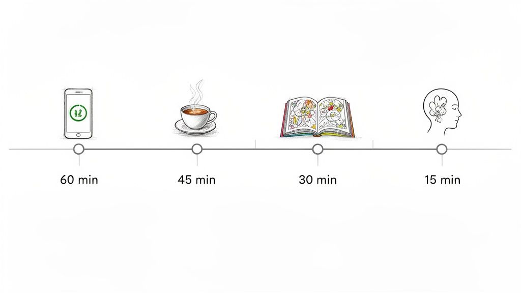 A timeline depicting a pre-bed wind-down routine: phone, coffee, reading, and relaxation over 60 to 15 minutes.