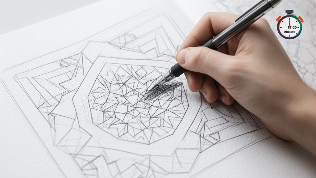 A person's hand sketching a complex geometric pattern with a pencil on white paper.