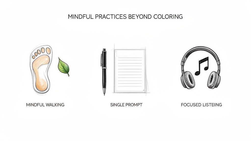 Illustrations depict mindful walking with a foot and leaf, writing with a pen and paper, and focused listening with headphones and a music note.