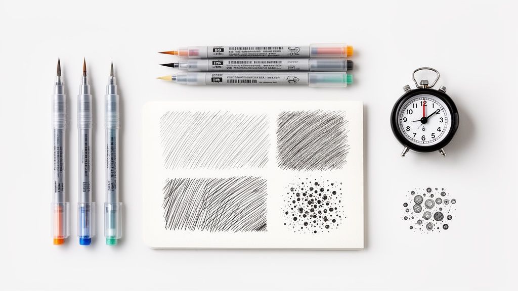 Brush pens, markers, a sketchbook with abstract drawings, and an alarm clock on white background.