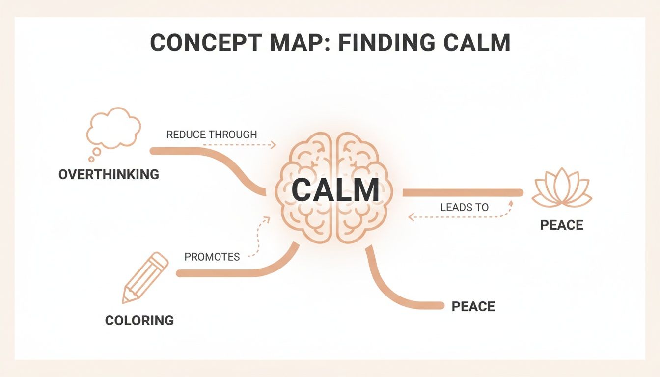 Concept map showing how coloring reduces overthinking and promotes calm, leading to peace.