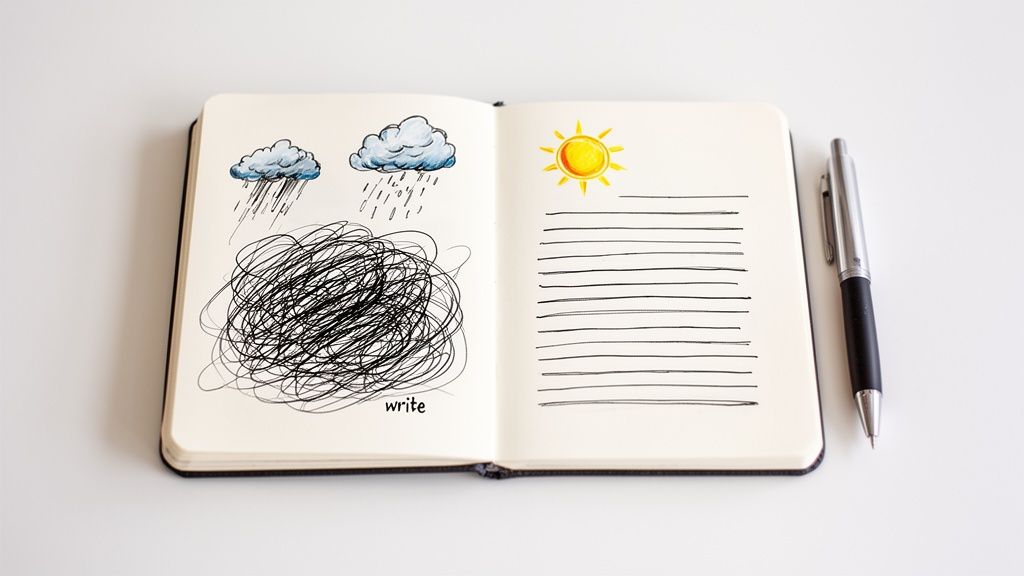 Open journal with drawings depicting gloomy thoughts transforming into clarity by writing.
