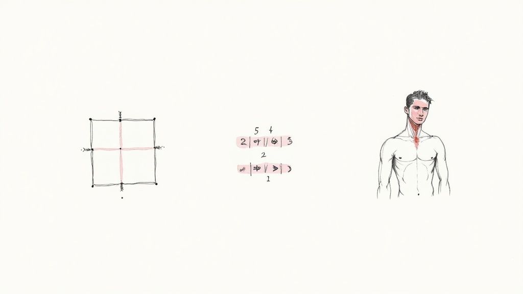 Conceptual diagram with a square, symbols, and a male figure highlighting the neck area.