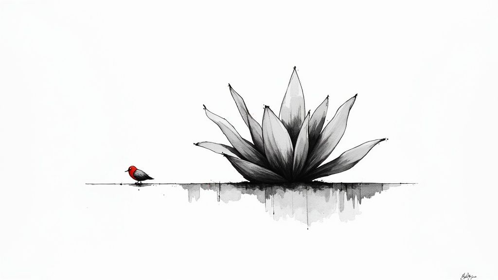 Minimalist ink drawing featuring a small red bird on a line beside an agave plant with reflections.