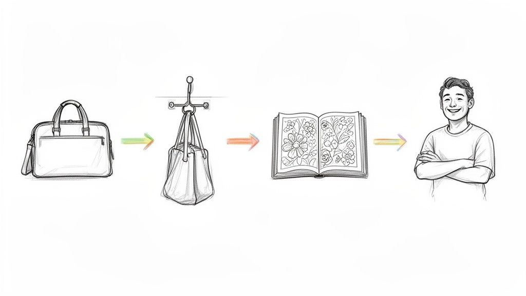 A sequence showing how to unwind: a work bag, then a hanging bag, a coloring book, and a happy man.