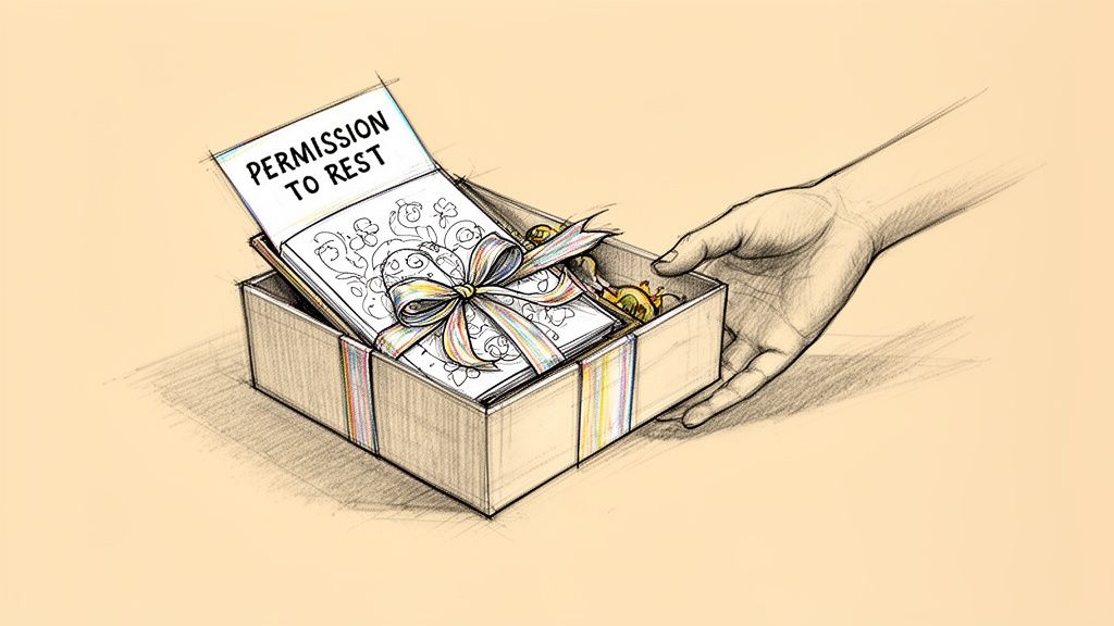 A hand holds an open gift box revealing a book with a 'PERMISSION TO REST' note and a colorful ribbon.