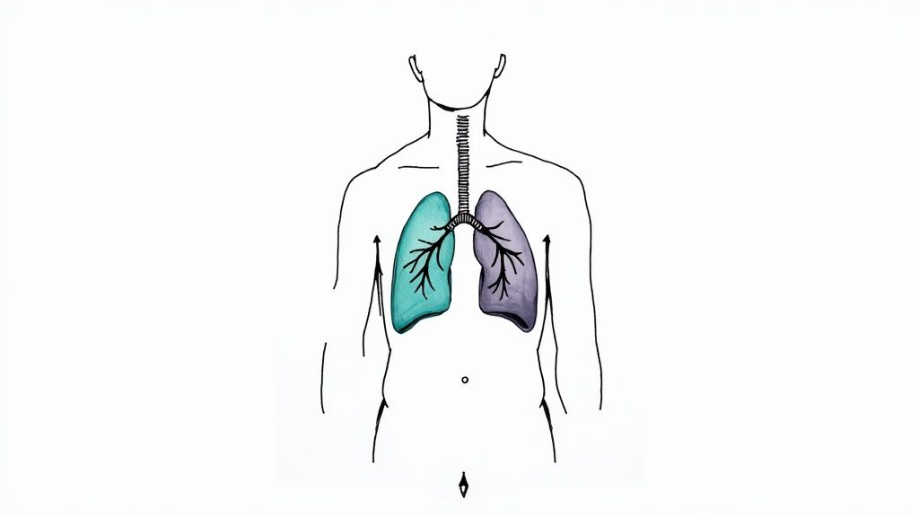 Simplified diagram of a human torso showing the trachea and two lungs, one teal and one purple.