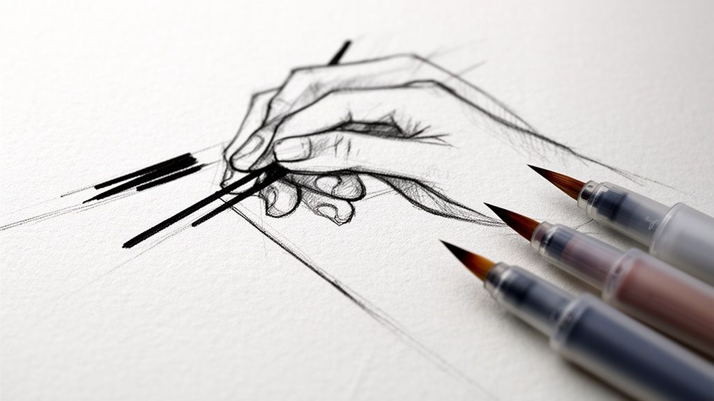 Artistic shot of a hand sketching a drawing on white paper, with brush pens nearby.