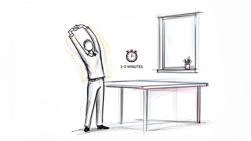 Sketch of a person stretching arms overhead in an office setting, with a '2-5 minutes' timer.