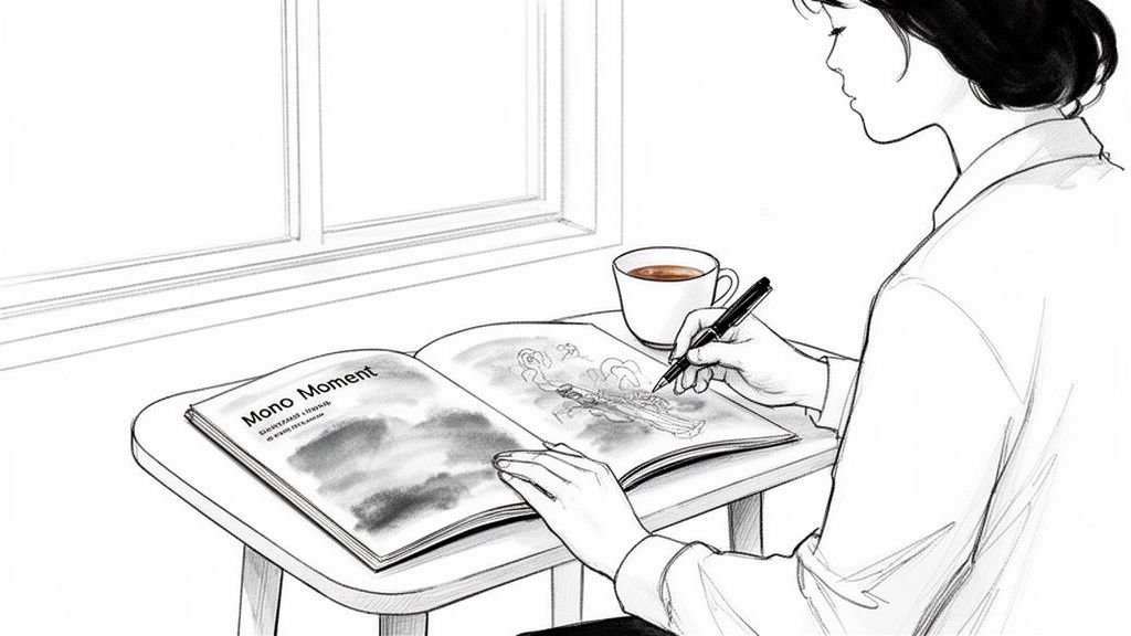 A person drawing in a grayscale art style, with a coffee cup near a window.