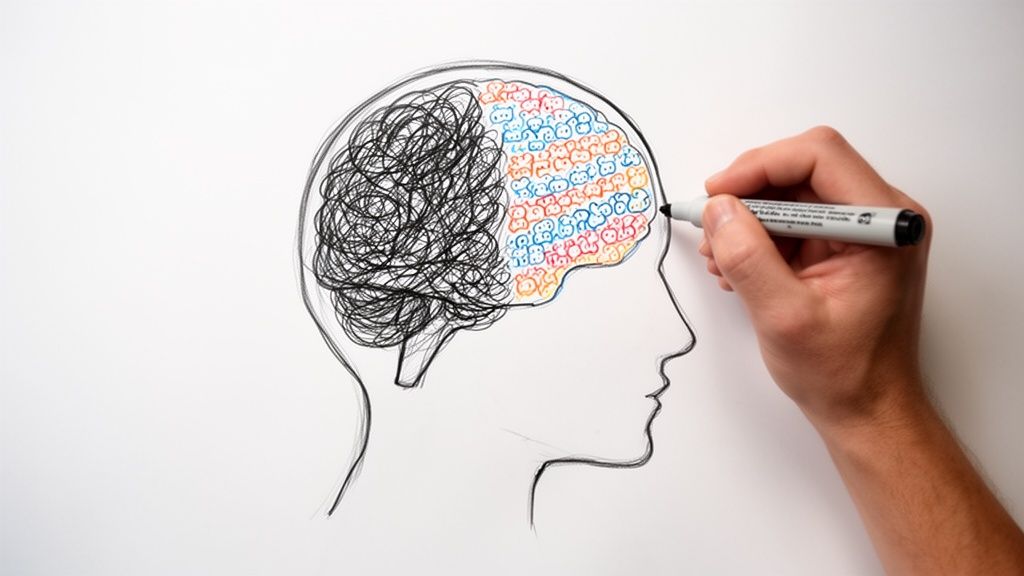 A hand draws colorful, organized shapes into one half of a brain, contrasting with messy scribbles.