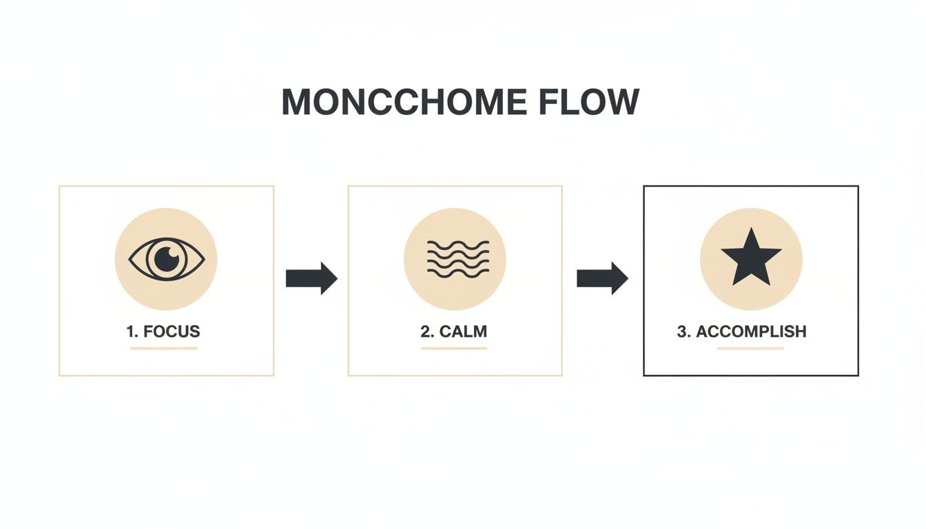 A monochrome flow diagram illustrating a three-step process: focus, calm, and accomplishment.
