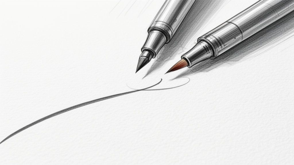 Close-up sketch of two art pens, a fine tip and a brush tip, on textured white paper.