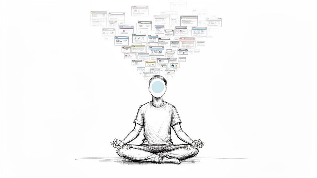 A person meditating in a lotus pose, with numerous computer windows representing an overactive mind flowing from their head.