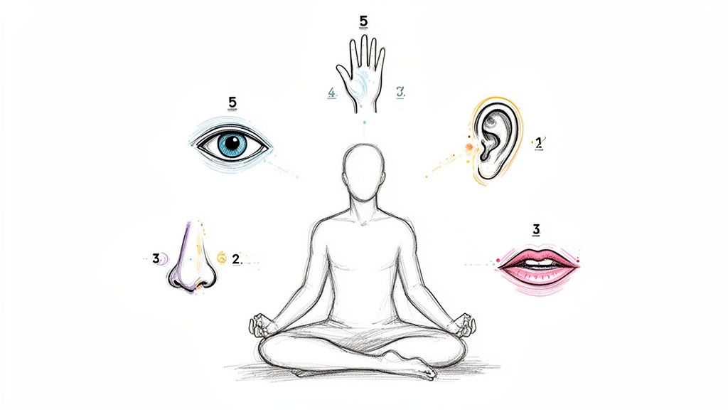 A person meditating in lotus pose, surrounded by illustrations of the five senses: eye, ear, nose, mouth, and hand.