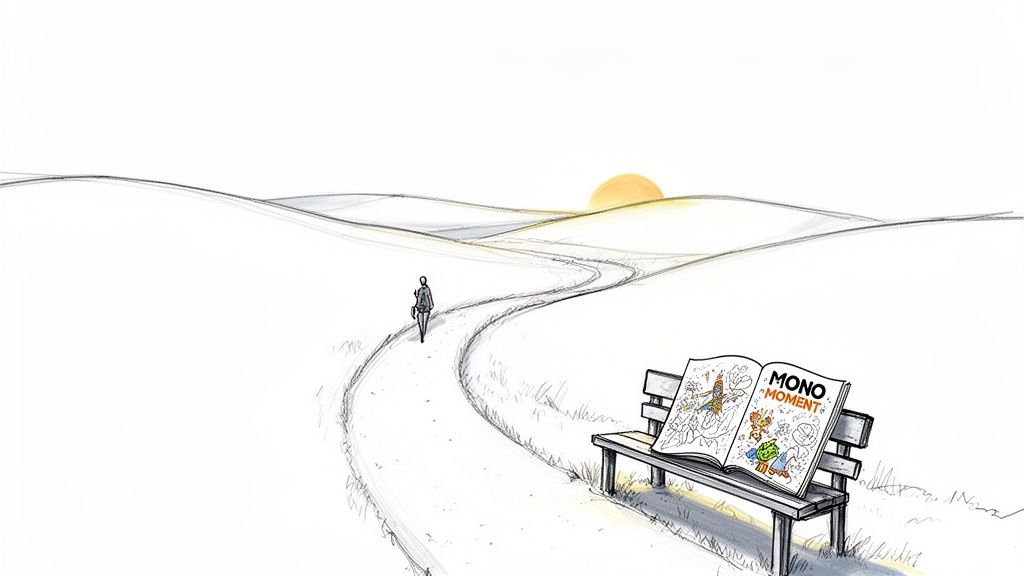 A sketch of a person walking a winding path towards a sunset, with a 'Mono Moment' coloring book on a bench.